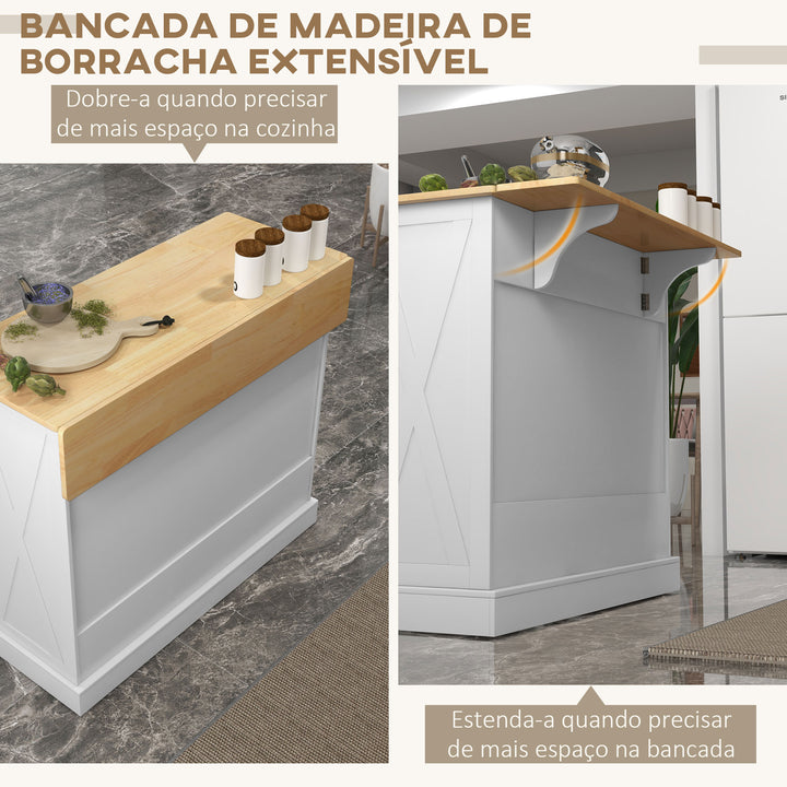 Ilha de Cozinha Carrinho de Cozinha com Bancada de Madeira Dobrável 2 Portas 2 Gavetas Prateleira Ajustável e 4 Rodas 10x60x90,5 cm Branco e Madeira