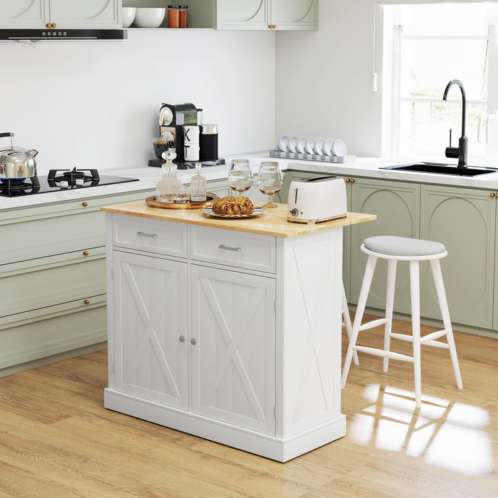 Ilha de Cozinha Carrinho de Cozinha com Bancada de Madeira Dobrável 2 Portas 2 Gavetas Prateleira Ajustável e 4 Rodas 10x60x90,5 cm Branco e Madeira