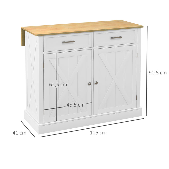 Ilha de Cozinha Carrinho de Cozinha com Bancada de Madeira Dobrável 2 Portas 2 Gavetas Prateleira Ajustável e 4 Rodas 10x60x90,5 cm Branco e Madeira