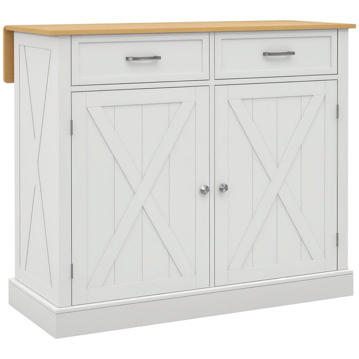 Ilha de Cozinha Carrinho de Cozinha com Bancada de Madeira Dobrável 2 Portas 2 Gavetas Prateleira Ajustável e 4 Rodas 10x60x90,5 cm Branco e Madeira