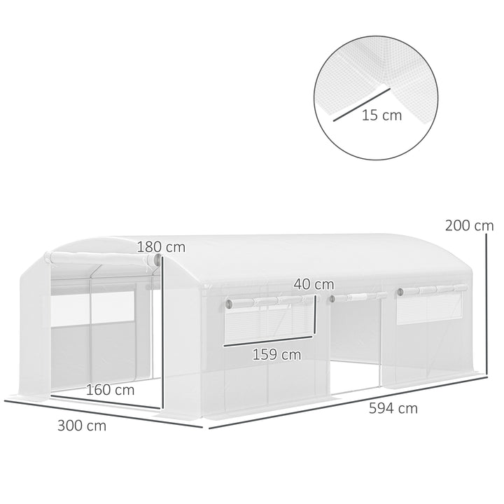 Estufa tipo Túnel 6x3x2 m Estufa de Exterior com 4 Janelas de Malha Cobertura de PE Anti UV e 3 Portas Enroláveis com Fecho de Correr Estufa para Jardim Pátio Branco