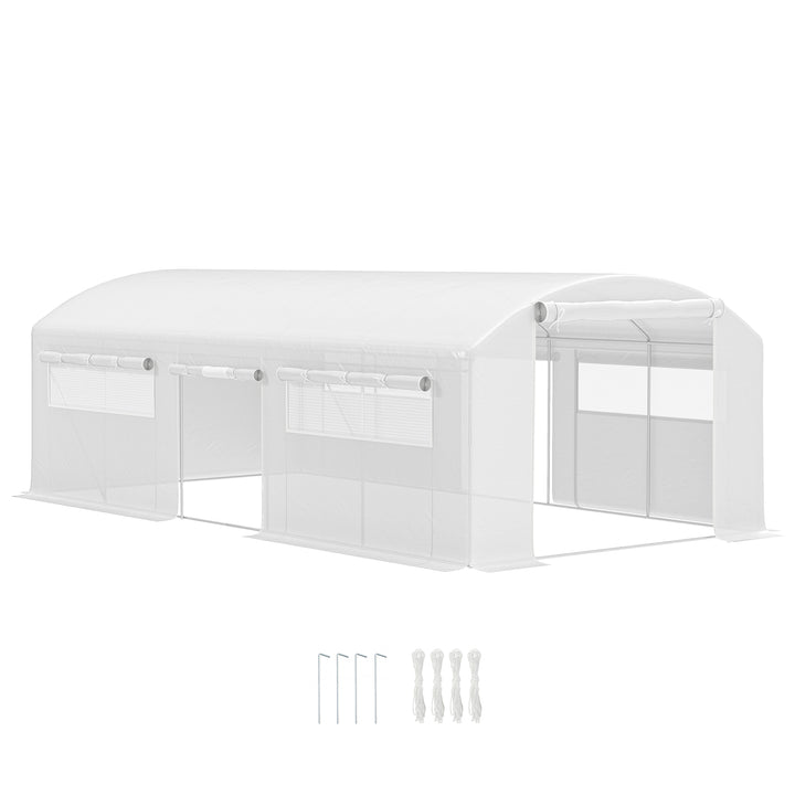 Estufa tipo Túnel 6x3x2 m Estufa de Exterior com 4 Janelas de Malha Cobertura de PE Anti UV e 3 Portas Enroláveis com Fecho de Correr Estufa para Jardim Pátio Branco