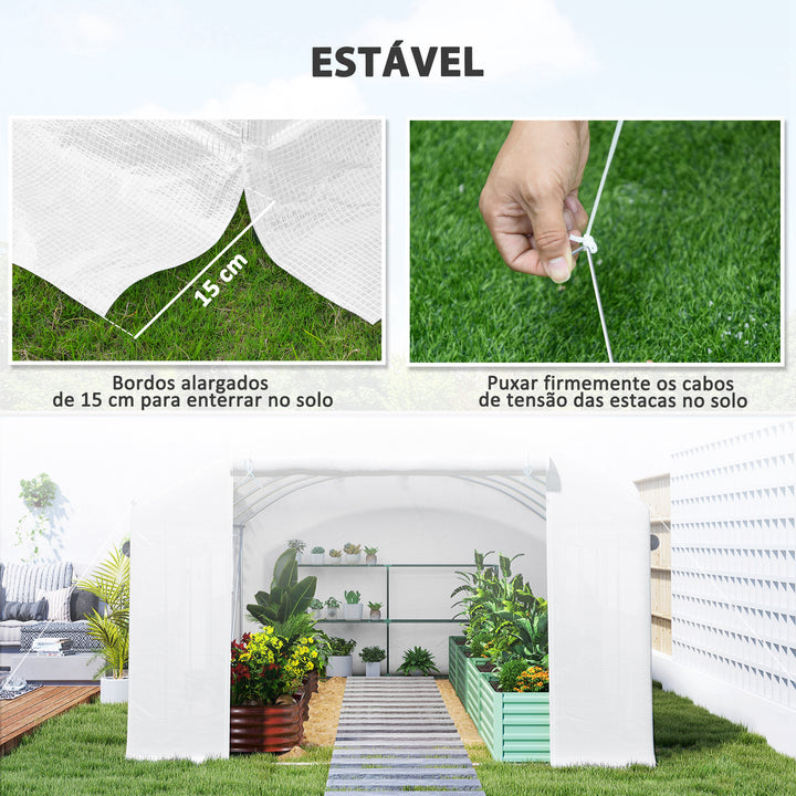 Estufa tipo Túnel 6x3x2 m Estufa de Exterior com 4 Janelas de Malha Cobertura de PE Anti UV e 3 Portas Enroláveis com Fecho de Correr Estufa para Jardim Pátio Branco