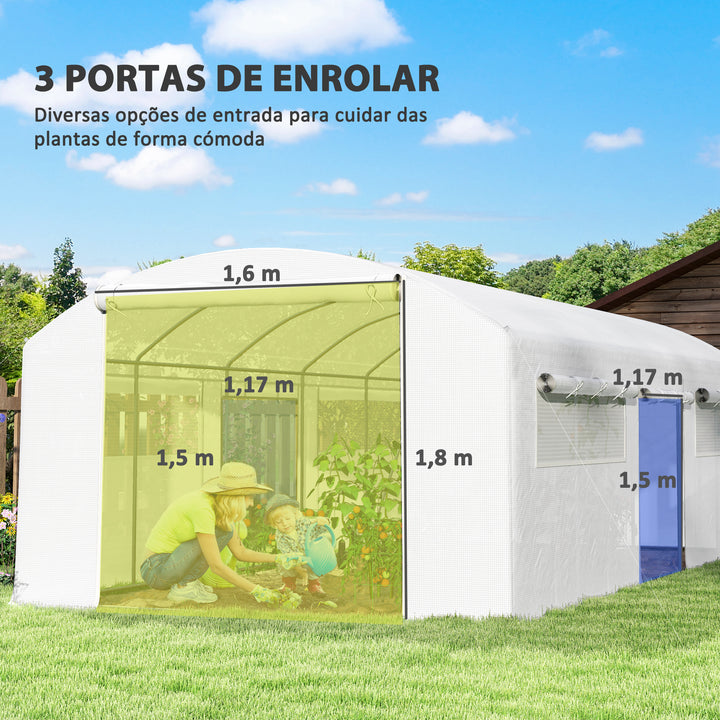 Estufa tipo Túnel 6x3x2 m Estufa de Exterior com 4 Janelas de Malha Cobertura de PE Anti UV e 3 Portas Enroláveis com Fecho de Correr Estufa para Jardim Pátio Branco