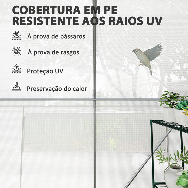 Estufa tipo Túnel 6x3x2 m Estufa de Exterior com 4 Janelas de Malha Cobertura de PE Anti UV e 3 Portas Enroláveis com Fecho de Correr Estufa para Jardim Pátio Branco