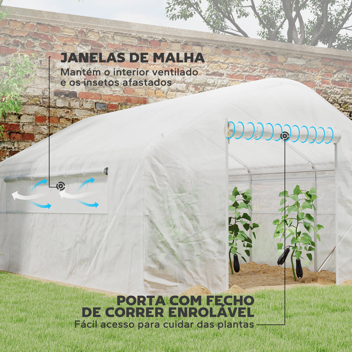 Estufa tipo Túnel 4x3x2 m Estufa de Exterior com 2 Janelas Cobertura PE Anti UV e 1 Porta de Enrolar com Fecho de Correr Estufa para Jardim Pátio Branco