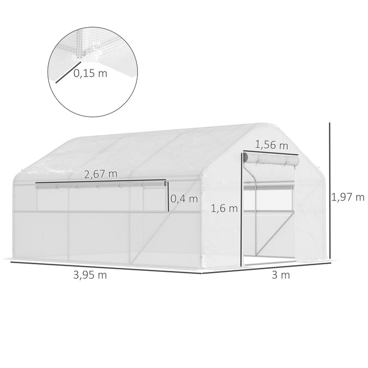 Estufa tipo Túnel 4x3x2 m Estufa de Exterior com 2 Janelas Cobertura PE Anti UV e 1 Porta de Enrolar com Fecho de Correr Estufa para Jardim Pátio Branco