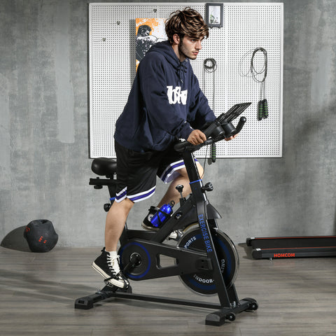 Bicicleta Estática com Resistência Ajustável Bicicleta Estática Fitness com Volante de Inércia 8 kg Ecrã LCD Guiador e Assento Ajustáveis para Casa Ginásio 103x53x110-114 cm Azul