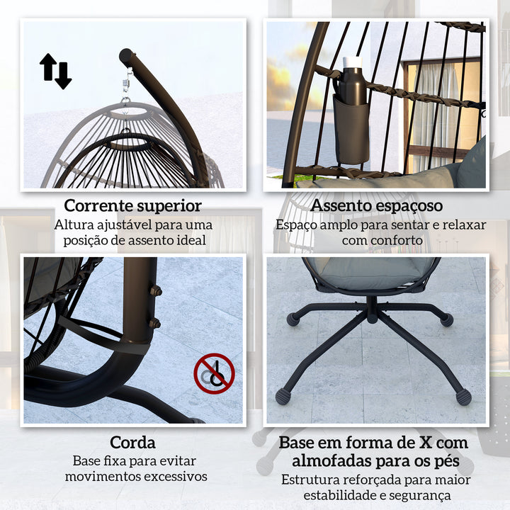 Cadeira Suspensa com Suporte Cadeira Baloiço de Jardim com Cesto Dobrável Almofada e Apoio para a Cabeça Cadeirão Suspenso para Interior e Exterior Carga 120 kg 120x88x192 cm Preto