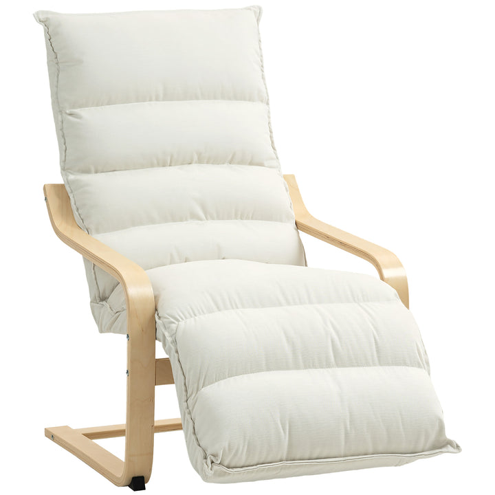 Poltrona de Sala com Apoio para os Pés Ajustável, Poltrona Estofada em Veludo, Estrutura de Madeira, Poltrona de Relaxamento para Quarto, Escritório, Estúdio, 67x93x105 cm, Creme