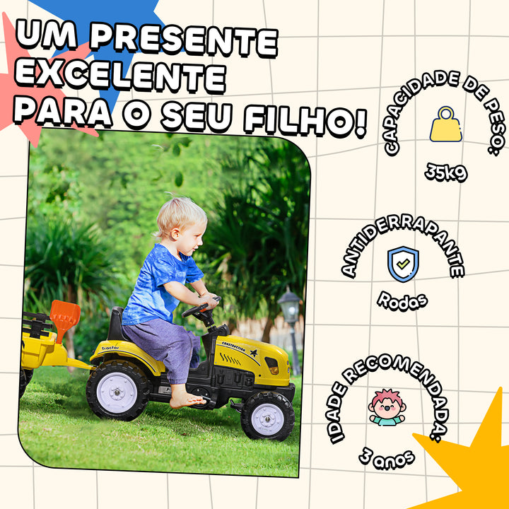 Trator a Pedais para Crianças acima de 3 Anos Trator com Reboque de Pedais para Crianças com Acessórios Carga Máxima 35 kg 133x42x51 cm Amarelo e Preto