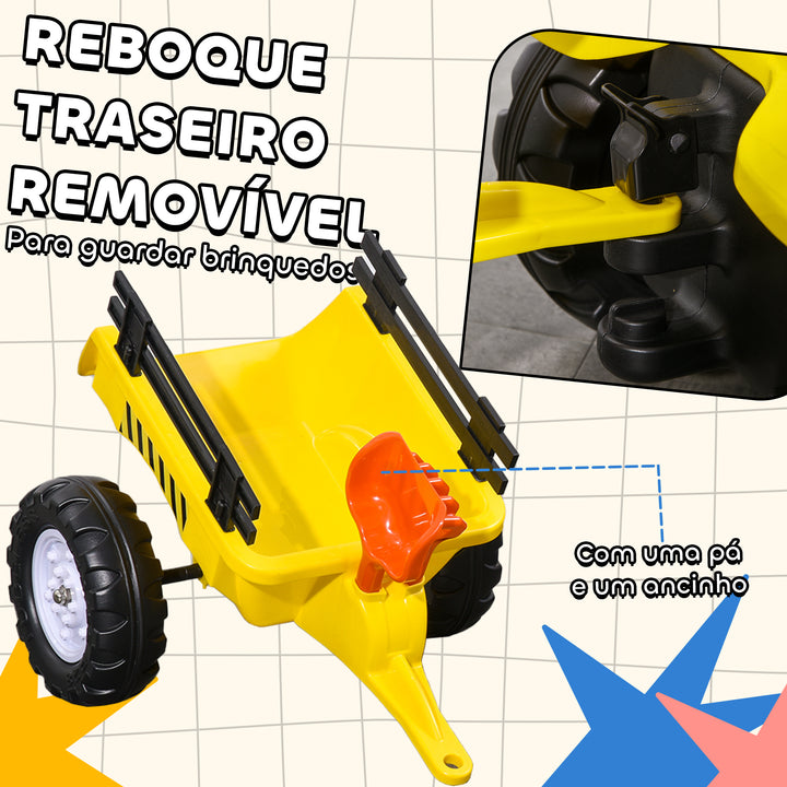 Trator a Pedais para Crianças acima de 3 Anos Trator com Reboque de Pedais para Crianças com Acessórios Carga Máxima 35 kg 133x42x51 cm Amarelo e Preto