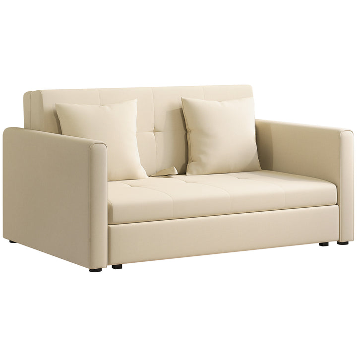 Sofá Cama de 2 Lugares Estofado em Algodão com 2 Almofadas Apoio para os Braços e Armazenamento Sofá Duplo Moderno para Sala de Estar Escritório 152x101x81 cm Bege
