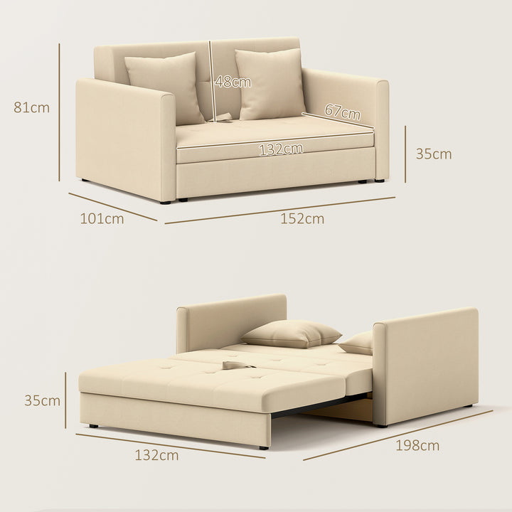 Sofá Cama de 2 Lugares Estofado em Algodão com 2 Almofadas Apoio para os Braços e Armazenamento Sofá Duplo Moderno para Sala de Estar Escritório 152x101x81 cm Bege