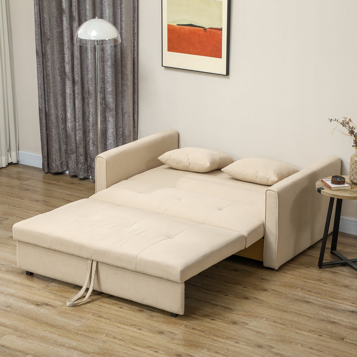 Sofá Cama de 2 Lugares Estofado em Algodão com 2 Almofadas Apoio para os Braços e Armazenamento Sofá Duplo Moderno para Sala de Estar Escritório 152x101x81 cm Bege