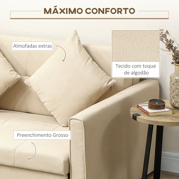 Sofá Cama de 2 Lugares Estofado em Algodão com 2 Almofadas Apoio para os Braços e Armazenamento Sofá Duplo Moderno para Sala de Estar Escritório 152x101x81 cm Bege