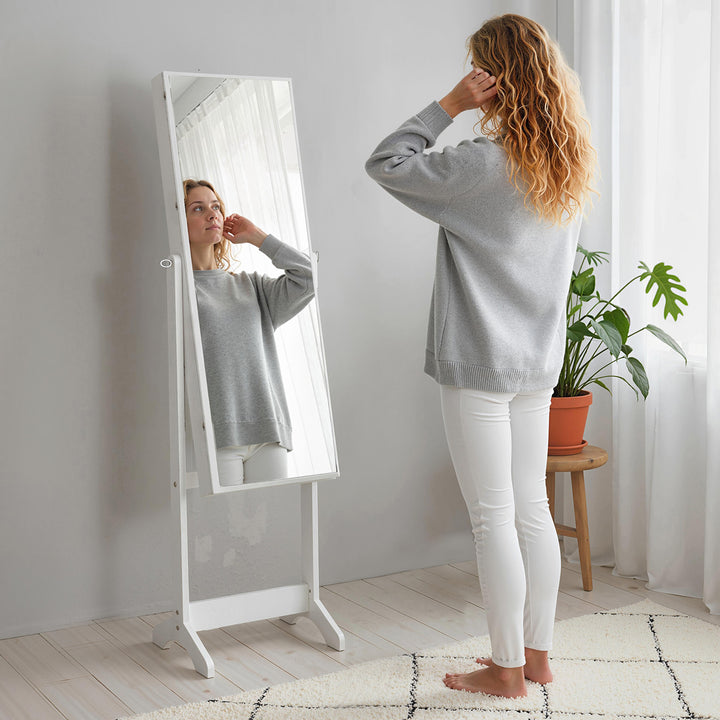 Espelho Joalheiro de Pé Joalheiro de Pé com 4 Ângulos Ajustáveis Fechadura Magnética Organizador de Joias com Prateleiras para Aneis Brincos Colares 46x36,5x151,5cm Branco