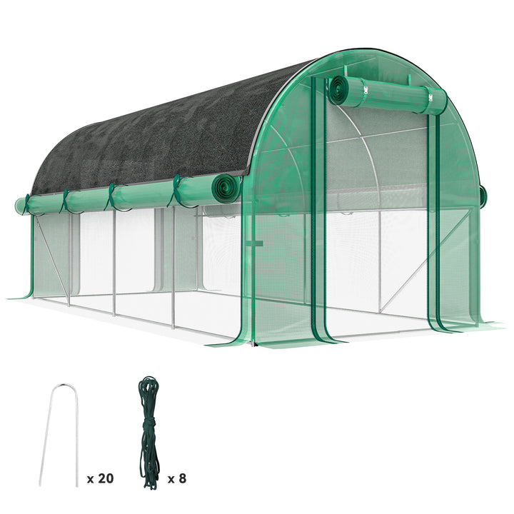 Estufa Tipo Túnel 447x200x198 cm Estufa de Exterior com Paredes Laterais Enroláveis Cobertura Extra 8 Janelas de Malha e 2 Portas Enroláveis Estufa de Jardim Pátio Verde