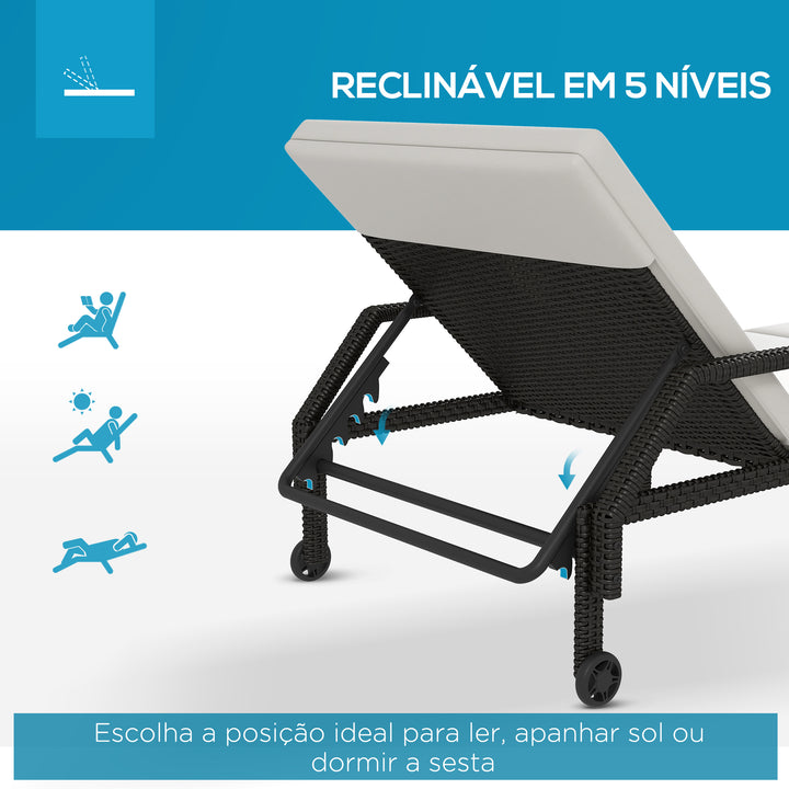 Espreguiçadeira de Vime Chaise Longue de Jardim com Encosto Ajustável em 5 Posições Acolchoado e 2 Rodas Carga 120 kg 73x200x48 cm Creme e Preto