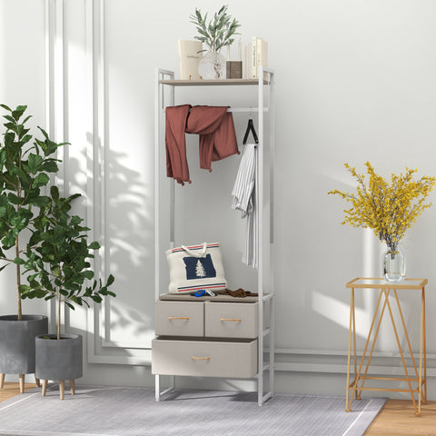 Suporte para Cabides com 3 Gavetas de Tecido Barra para Pendurar e Prateleira de Armazenamento para Entrada Quarto Sala 58,5x30x178 cm Natural