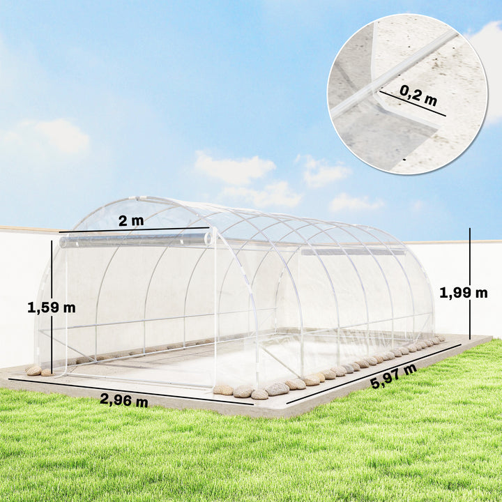Estufa tipo Túnel 296x597x199 cm Estufa de Exterior com 2 Portas Enroláveis Estrutura de Aço Galvanizado e Cobertura em PE 150g/m² Anti-UV Impermeável para Cultivos Transparente