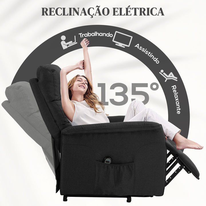 Poltrona Relax Reclinável Elétrica Poltrona Levanta Pessoas com Controlo Remoto e Bolso Lateral Poltrona Elétrica para Sala de Estar Dormitório 66x90x96 cm Preto