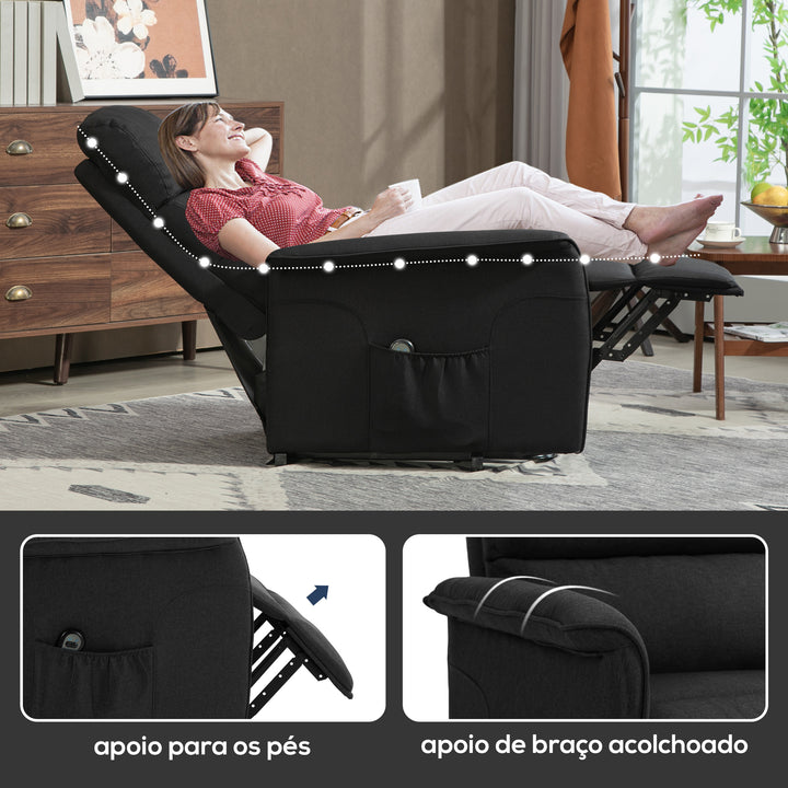 Poltrona Relax Reclinável Elétrica Poltrona Levanta Pessoas com Controlo Remoto e Bolso Lateral Poltrona Elétrica para Sala de Estar Dormitório 66x90x96 cm Preto