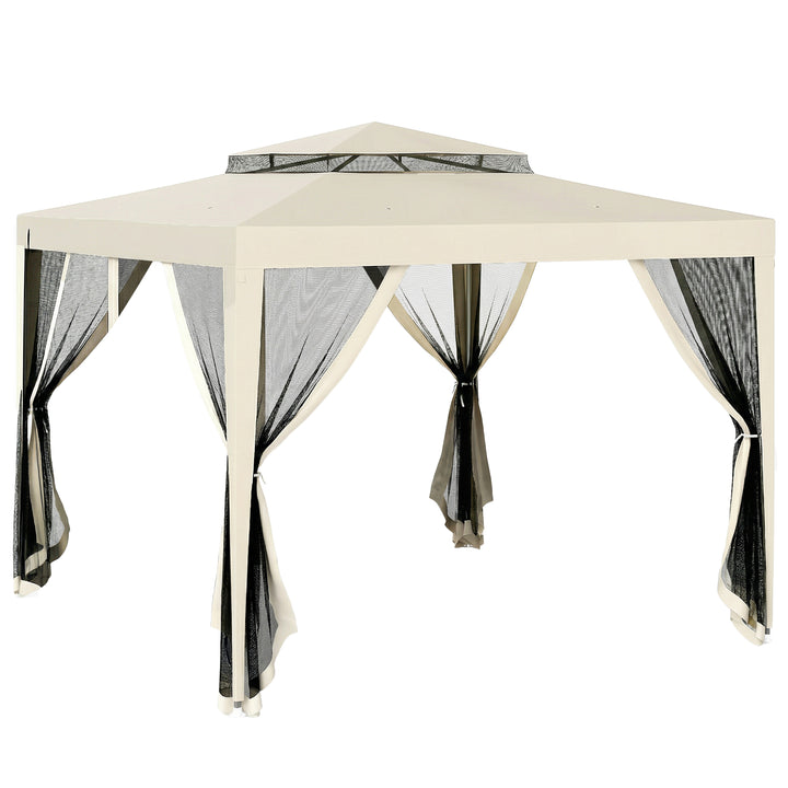 Pérgola de Jardim 297x297x268 cm Pérgola com 4 Redes Mosquiteiras Laterais com Fecho de Correr Teto de Ventilação e 8 Orifícios de Drenagem Pérgola para Terraço Pátio Exterior Bege