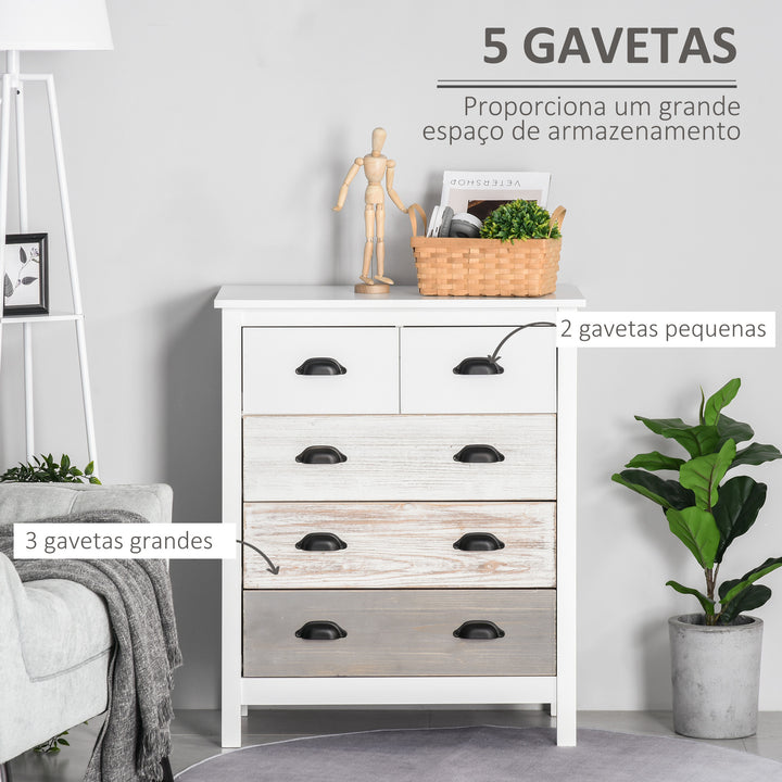 Cómoda com 5 Gavetas Cómoda para Dormitório Moderna com Desenho Anti-Tombo Cómoda para Sala de Estar Corredor 70x38x85 cm Branco