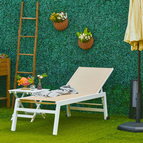 espreguiçadeira de exterior com rodas e encosto ajustável em 5 níveis 169x65x102cm Bege