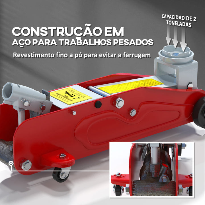 Macaco Hidráulico para Carros de 2 Toneladas Macaco Hidráulico com Altura Ajustável 12-30 cm e 4 Rodas para Apoiar Carros Vermelho e Cinza