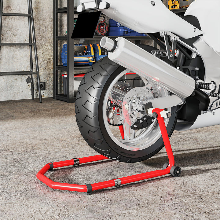 Suporte Roda Dianteira e Traseira para Mota Carga 390 kg Cavalete Moto Elevador Universal com Adaptadores de Garfos em U e L Ajustáveis e Rodas para Reparação Manutenção Vermelho