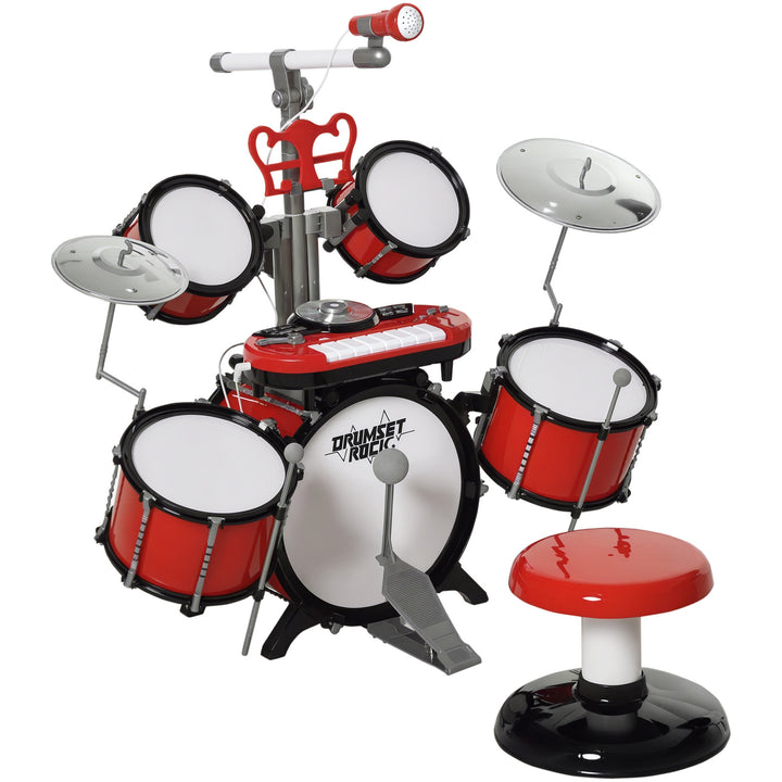 Kit de bateria infantil para crianças acima de 3 anos com tamborete microfone Pratos teclado e vários efeitos de DJ 77,5x40x76,5 cm Vermelho