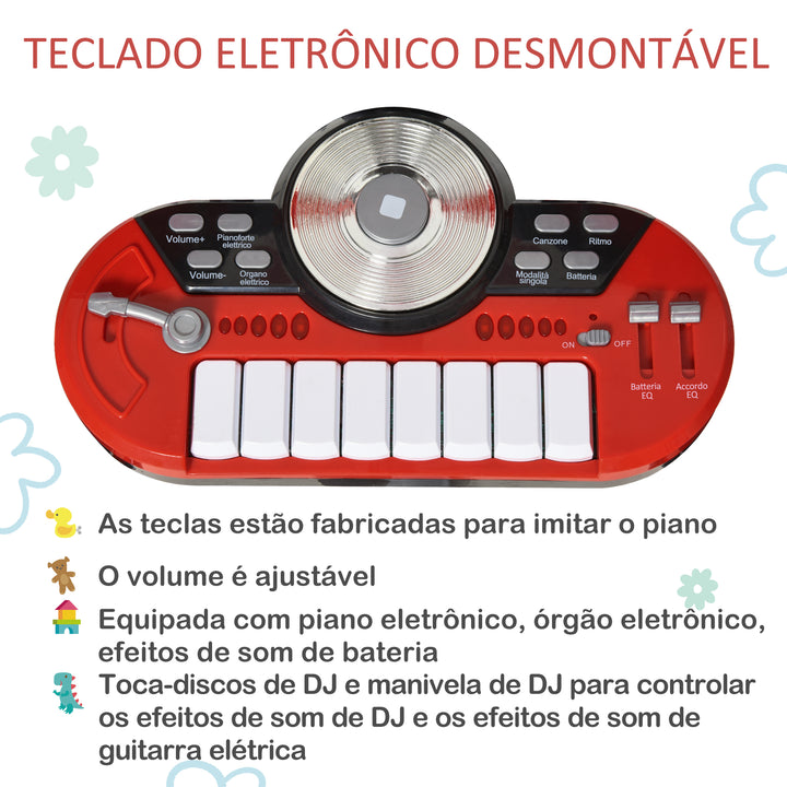 Kit de bateria infantil para crianças acima de 3 anos com tamborete microfone Pratos teclado e vários efeitos de DJ 77,5x40x76,5 cm Vermelho