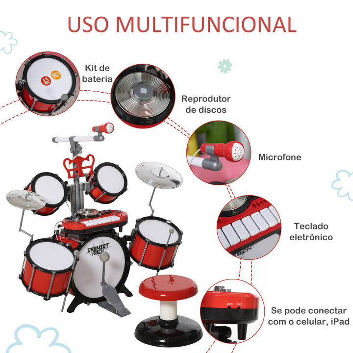 Kit de bateria infantil para crianças acima de 3 anos com tamborete microfone Pratos teclado e vários efeitos de DJ 77,5x40x76,5 cm Vermelho