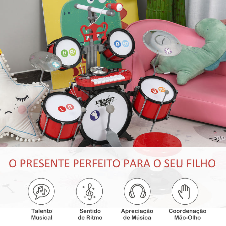 Kit de bateria infantil para crianças acima de 3 anos com tamborete microfone Pratos teclado e vários efeitos de DJ 77,5x40x76,5 cm Vermelho