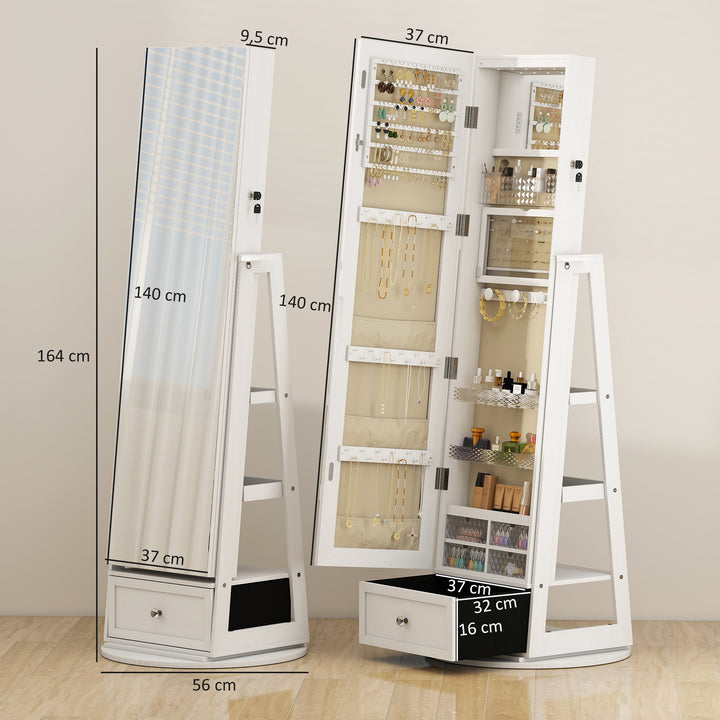 Espelho de Pé Giratório 360° com Espelho com Interior Iluminado Organizador de Jóias com Espelho de Corpo Inteiro Prateleiras e Gavetas para Quarto ou Closet 56x56x164 cm Madeira