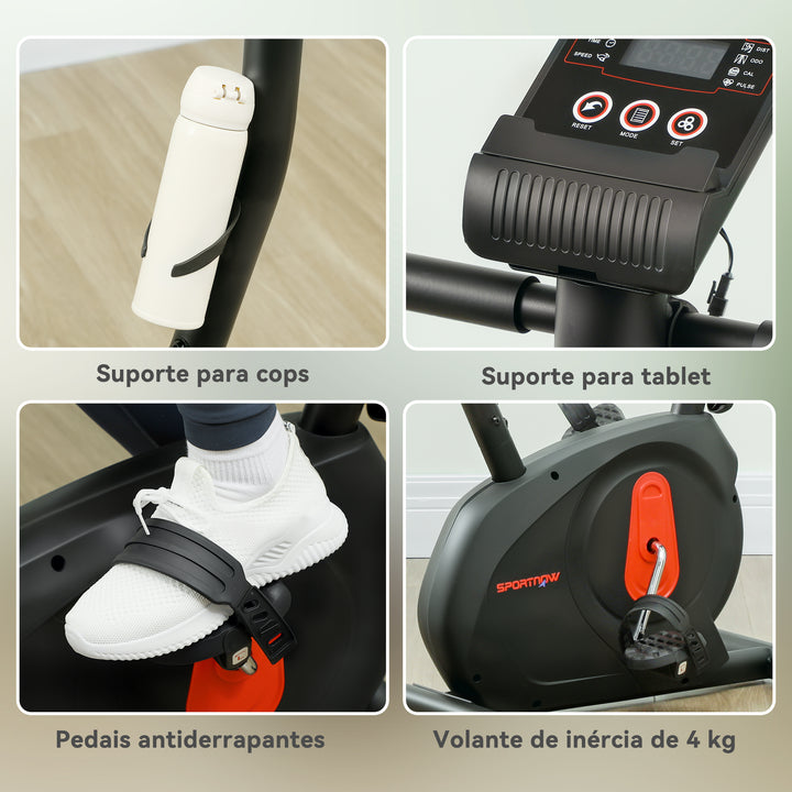Bicicleta Estática Silenciosa com 8 Níveis de Resistência Magnética Sensor de Frequência Assento Ajustável Ecrã LCD e Suporte para Telemóvel Carga 100 kg 88x50,5x131,5 cm Preto