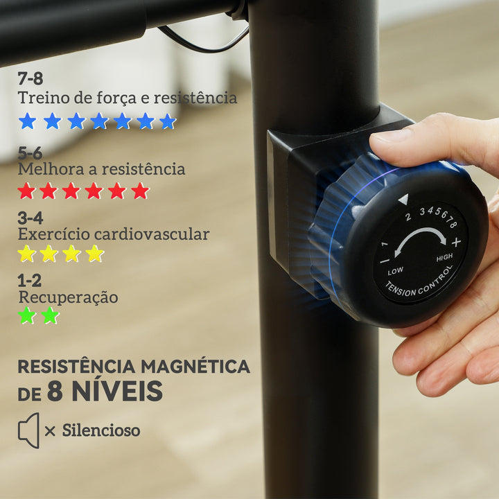 Bicicleta Estática Silenciosa com 8 Níveis de Resistência Magnética Sensor de Frequência Assento Ajustável Ecrã LCD e Suporte para Telemóvel Carga 100 kg 88x50,5x131,5 cm Preto