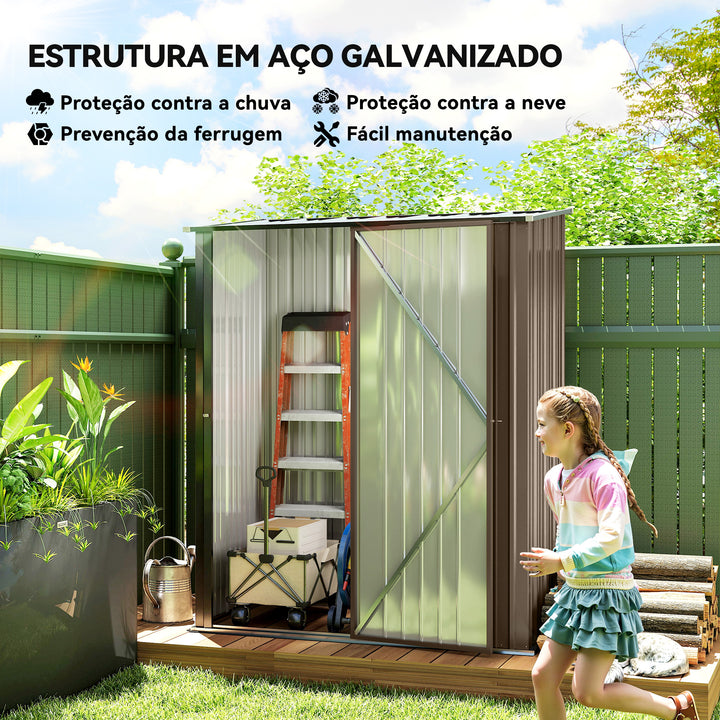 Abrigo de Jardim 1,34m² 161,5x94,5x196cm Abrigo de Exterior de Aço Galvanizado com Porta e Fechadura para Armazenamento de Ferramentas Marrom