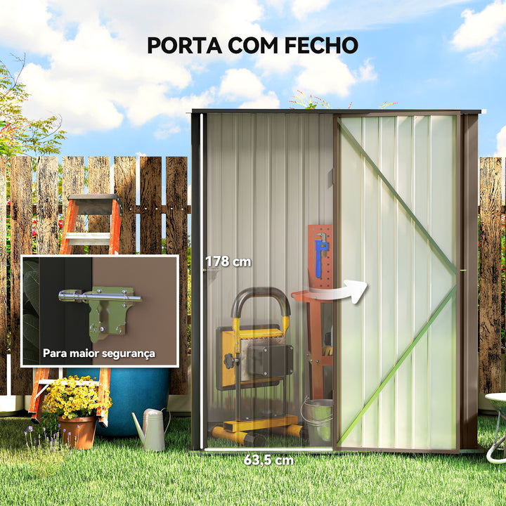 Abrigo de Jardim 1,34m² 161,5x94,5x196cm Abrigo de Exterior de Aço Galvanizado com Porta e Fechadura para Armazenamento de Ferramentas Marrom