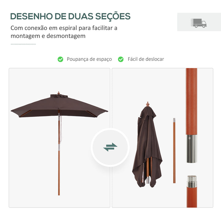 Chapéu de Sol de Jardim 200x150x230 cm Chapéu de Sol Retangular Inclinável com Polia Duplo Teto e Mastro Desmontável de Madeira para Terraço Pátio Marrom