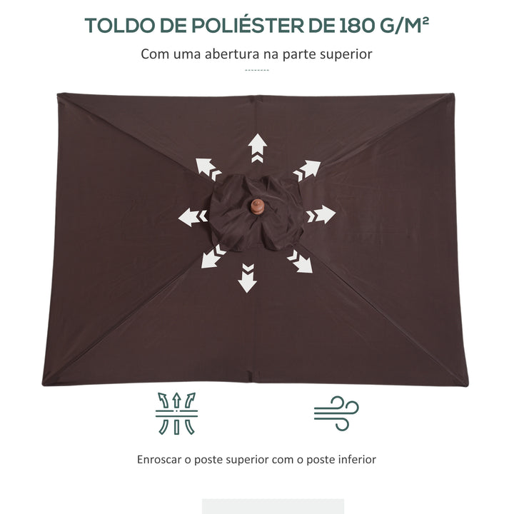 Chapéu de Sol de Jardim 200x150x230 cm Chapéu de Sol Retangular Inclinável com Polia Duplo Teto e Mastro Desmontável de Madeira para Terraço Pátio Marrom