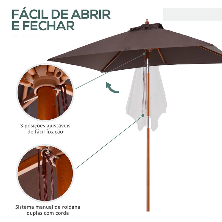 Chapéu de Sol de Jardim 200x150x230 cm Chapéu de Sol Retangular Inclinável com Polia Duplo Teto e Mastro Desmontável de Madeira para Terraço Pátio Marrom