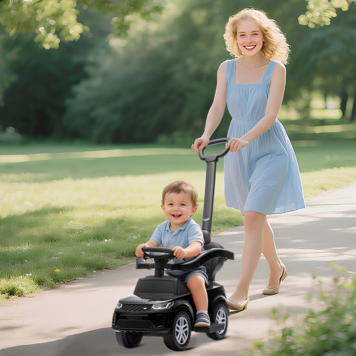 Carro Andador 2 em 1 para Crianças de 18-36 Meses Carro Andador Land Rover Discovery com Espaço de Armazenamento Buzina Volante Pega de Empurrar e Barra Removíveis 84x40x94,5 cm Preto