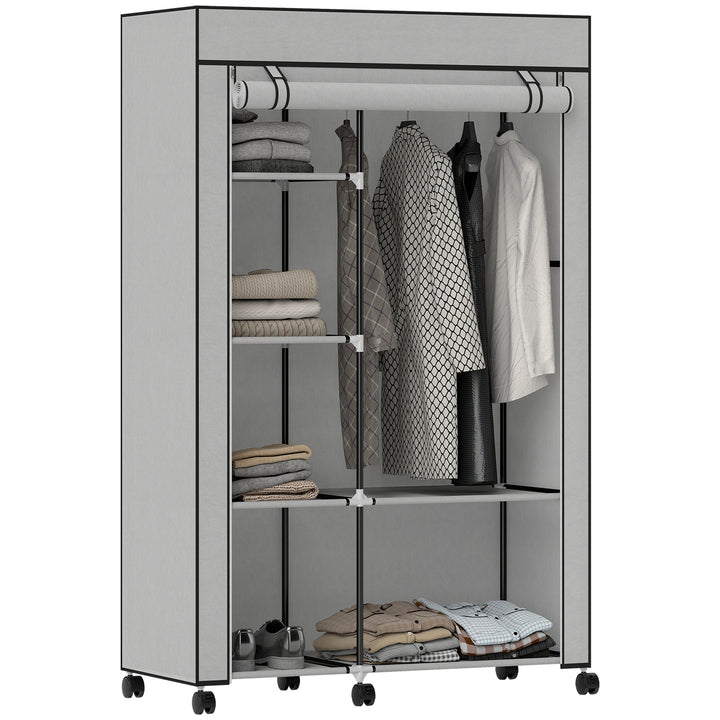 Roupeiro de Tecido Dobrável Armário de Roupa Portátil com 6 Prateleiras 1 Barra de Pendurar e Rodas para Dormitório Vestidor 103x43x162,5 cm Cinza Claro