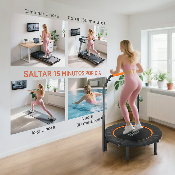 Trampolim Fitness Ø102 Trampolim Dobrável com Pega Ajustável em 4 Níveis Estrutura de Aço para Treino de Pernas Corpo em Casa Escritório Ginásio Preto e Laranja