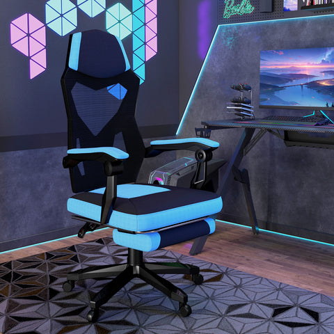 Cadeira de Escritório Ajustável em Altura Cadeira para Secretária Giratória de 360° Reclinável até 135° com Apoio para os Braços e Apoio para os Pés Retrátil 58x72x108-118 cm Azul