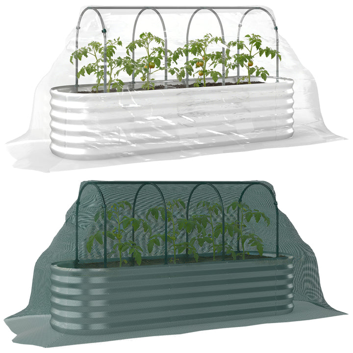 Caixa de Plantio Exterior Grande com Cobertura de Estufa e Rede Caixa de Cultivo de Aço Galvanizado com Fundo Aberto Resistente às Intempéries, para Jardim Terraço 200x60x103 cm Prateado
