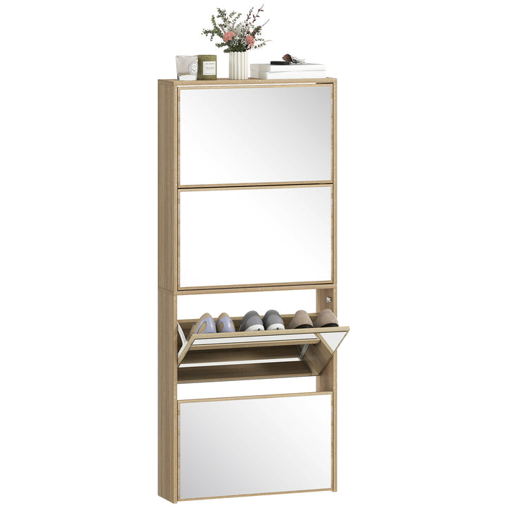 Sapateira Estreita com Espelho 4 Portas Abatíveis Sapateira para Entrada Corredor para 12 Pares de Sapatos Para Corredor Espaços Reduzidos 63x17x146 cm Madeira